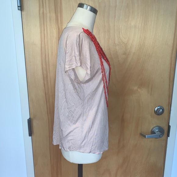 Flowy, drapy, beige top w/ orange-red bead/strings - Picture 2 of 4